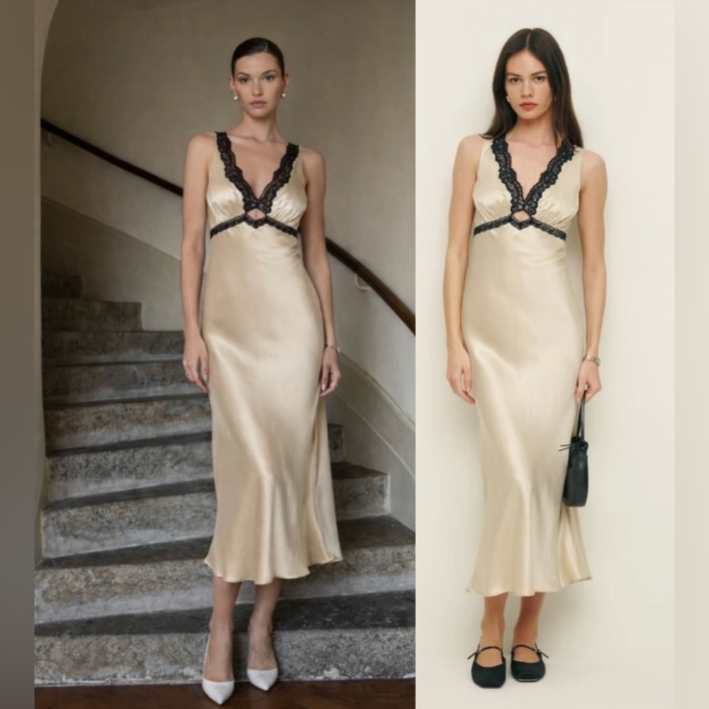 Reformation Alicyn Lace Trim Satin Slip Dress Ivory Cream Silk Size 0 - Picture 10 of 10